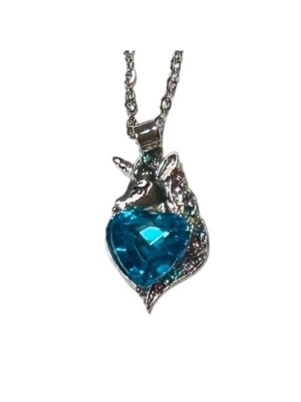 Heart-Shaped Blue Crystal Unicorn Pendant Necklace Silver-Tone